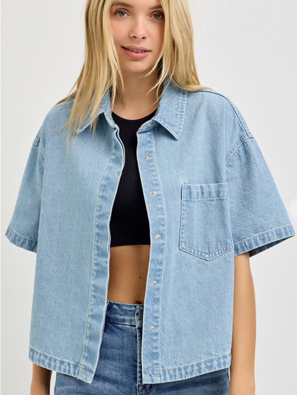 Light Blue Denim Short-Sleeve Button-Front Shirt - Picture 3 of 8